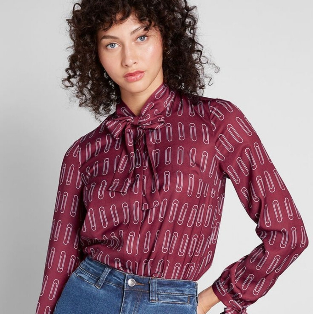 MODCLOTH Positive Professionalism burgundy retro paperclip print blouse